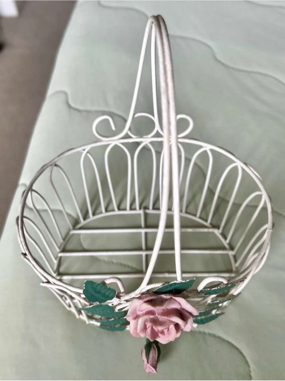 Vintage White Metal Basket With Pink and Green Floral Front